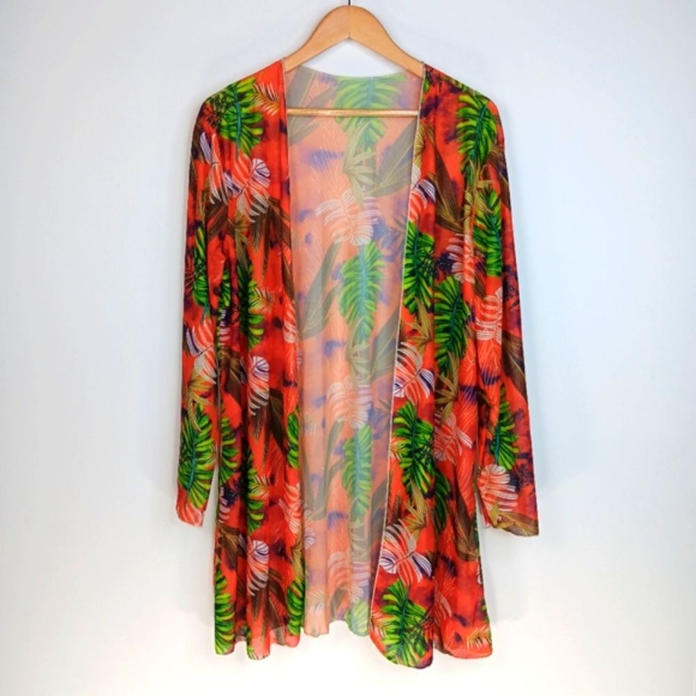 Tropical Leaf Sheer Kimono Cover Up Cardigan Boho Resort Beach Orange Large